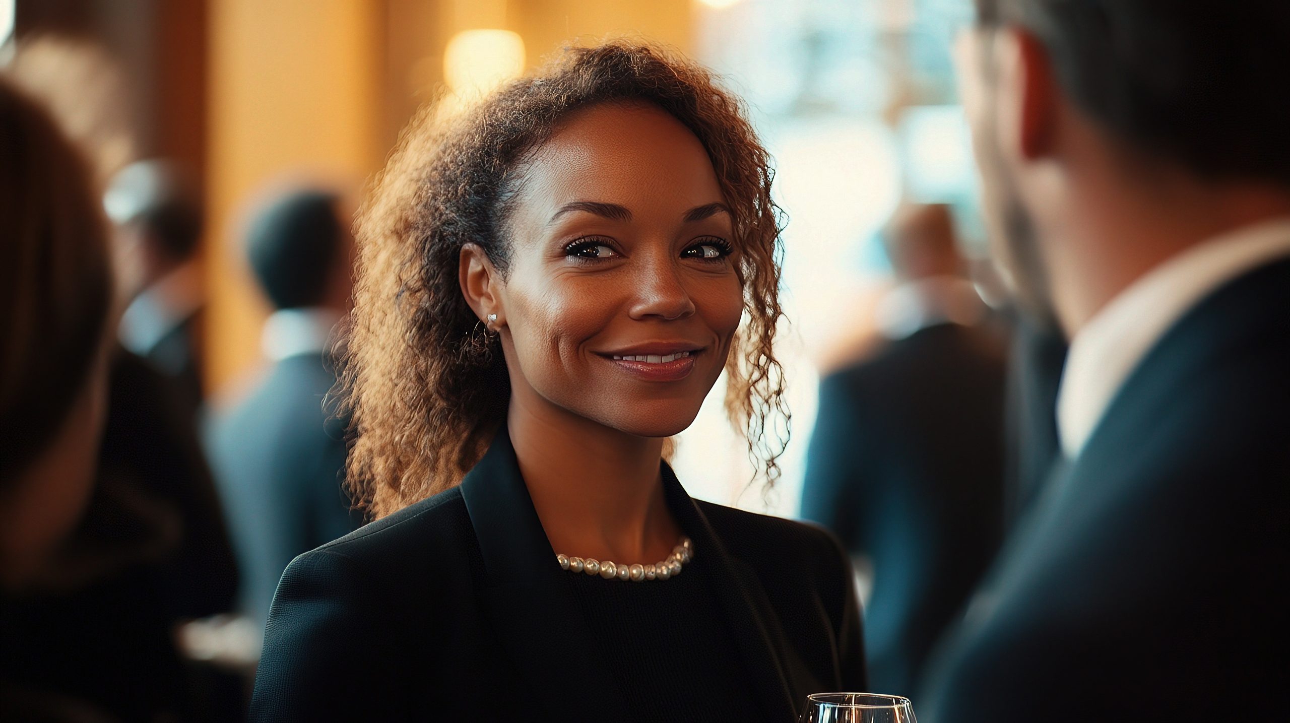 A confident businesswoman engages in networking at a corporate event, radiating professionalism and charm. The atmosphere is vibrant, filled with opportunities.