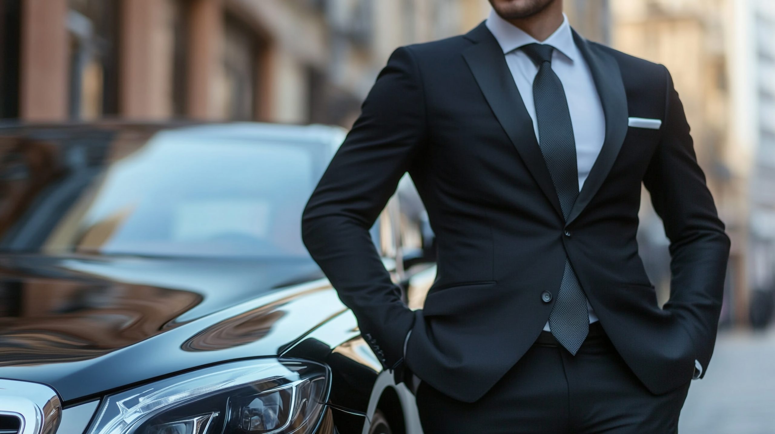 Man in a suit with car. Man standing near a car in formal attire. Confident, stylish, elegant man in a suit is posing for a photo.